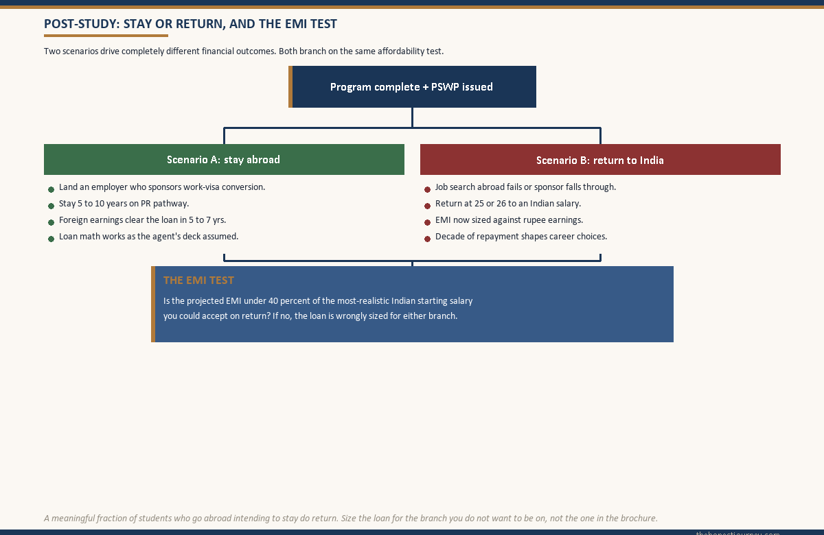 Decision flowchart showing the post-study fork between staying abroad and returning to India, with a shared EMI affordability test