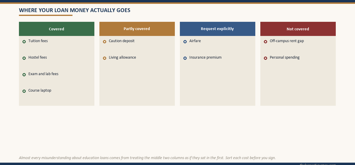 What an education loan covers shown as a four-column sort of expenses into fully covered, partly covered, request explicitly, and not covered