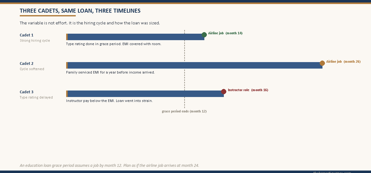 Education loan for pilot training repayment risk shown as three cadet lanes on a month timeline ending at month 14, 26 and 16 with green, amber and red job markers against a grace-period line at month 12