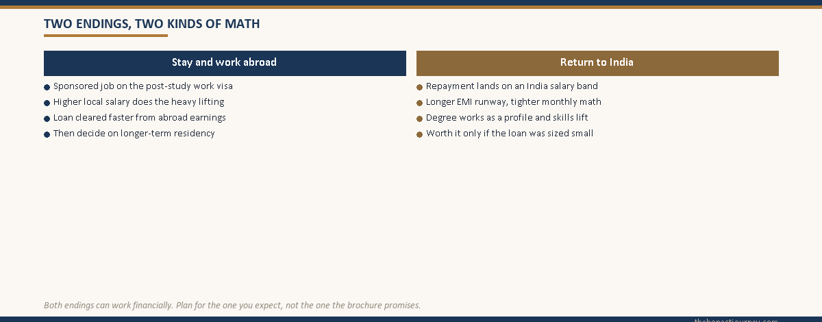 Two-column comparison of the stay-and-work-abroad ending versus the return-to-India ending and how the loan math differs.