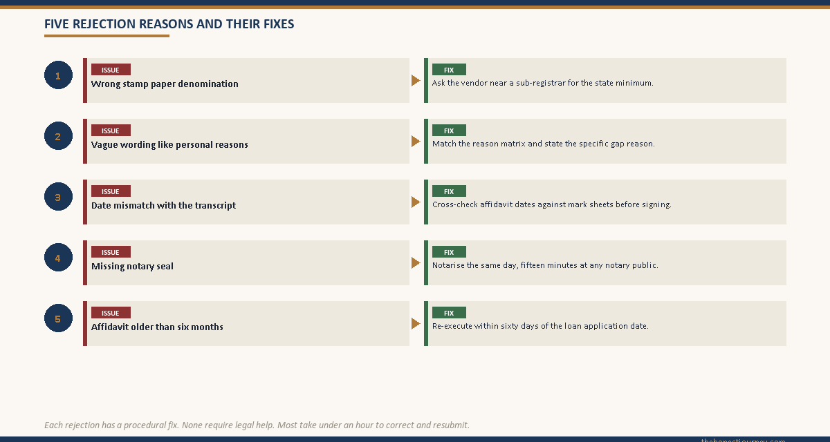 Vertical numbered list of the five most common gap affidavit rejection reasons paired with the procedural fix for each