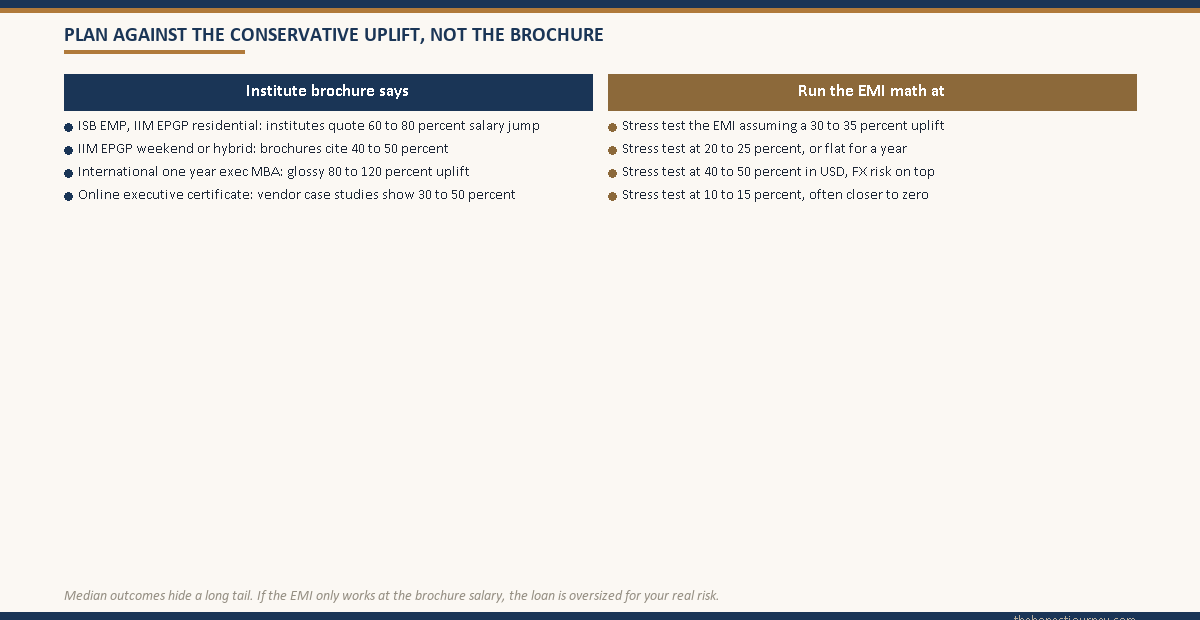 Two column comparison contrasting the brochure salary uplift institutes advertise for each executive MBA category against the conservative uplift a working professional should actually stress test the EMI against.