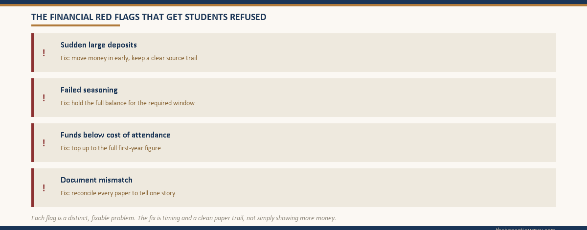 Four-box checklist of the financial red flags that get student visas refused, each with a one-line fix