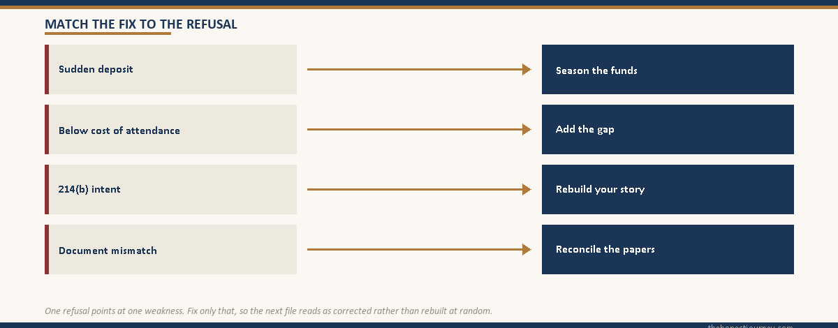 Flow diagram matching four refusal types to their specific fix