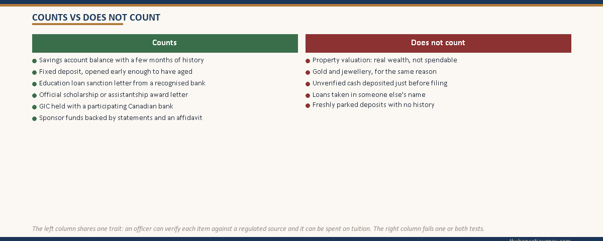Two-column decision card listing what counts as proof of funds (savings, fixed deposits, loan sanction letter, scholarship, GIC, sponsor affidavit) versus what does not (property, gold, unverified cash, third-party loans, freshly parked deposits).