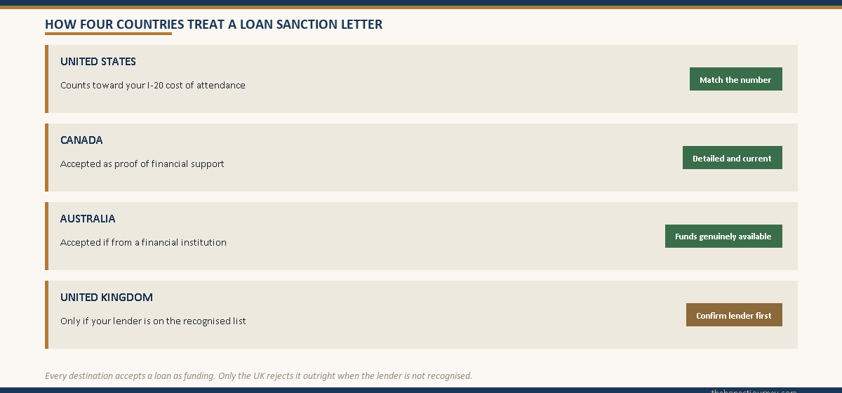 Country grid showing how the United States, Canada, Australia, and the United Kingdom treat an education loan sanction letter as proof of funds, with the UK flagged as the only one that rejects an unrecognised lender.