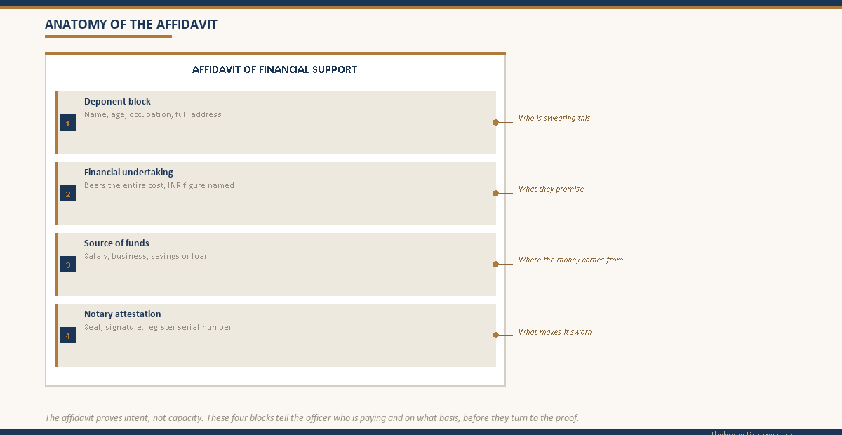 Diagram of a sponsorship affidavit with gold callouts pointing to the deponent block, the financial undertaking line, the source-of-funds clause, and the notary attestation