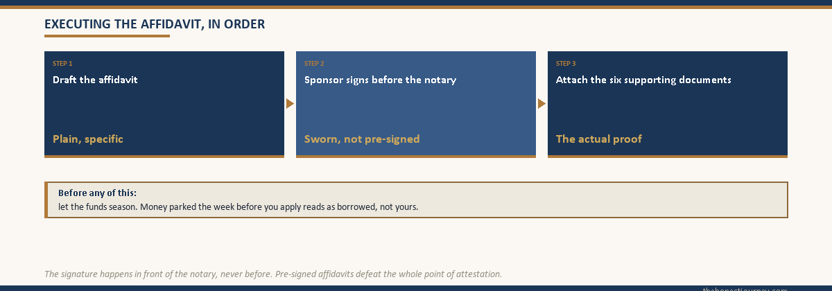 Three-step timeline for executing a sponsorship affidavit: draft it, sponsor signs before the notary, attach the six supporting documents, with a note that funds must be seasoned