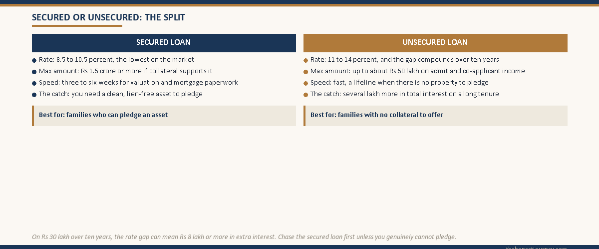 Side-by-side comparison of secured versus unsecured education loans across rate, maximum amount, speed, and the catch, with a best-for verdict under each column.
