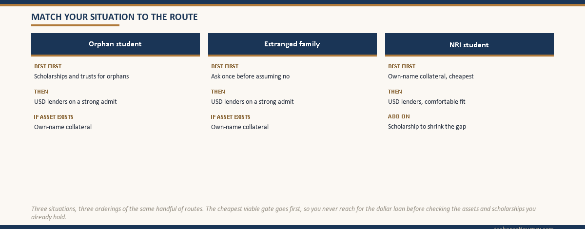 Three-column visual mapping orphan, estranged-family, and NRI students each to their most realistic ordered funding routes