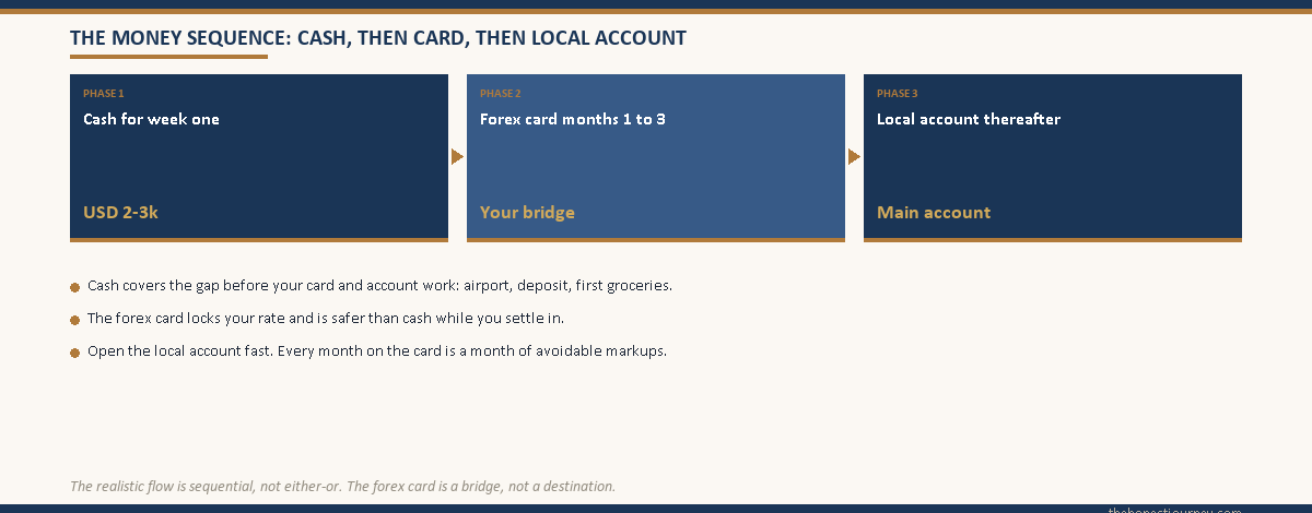 Three-phase money sequence diagram: cash for week one, forex card for months one to three, local account thereafter