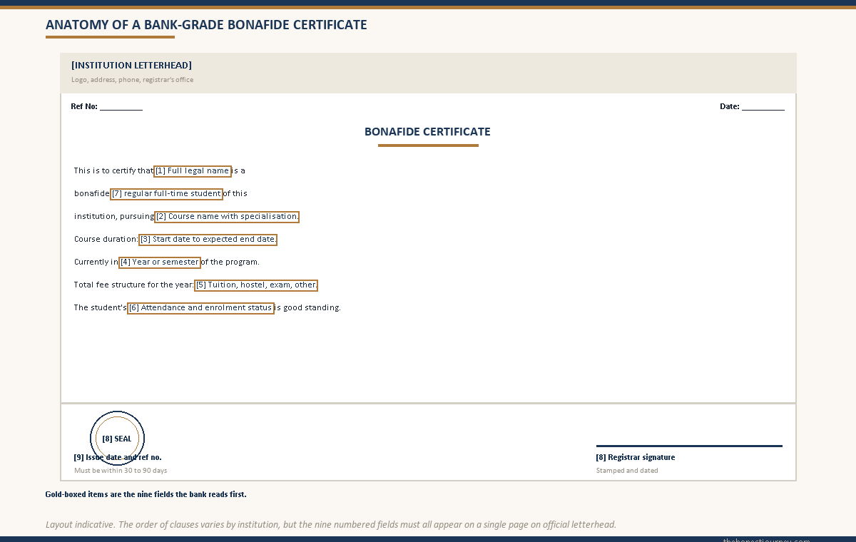 Annotated mock bonafide certificate highlighting the nine required fields the bank reads, with the registrar seal and signature block at the bottom
