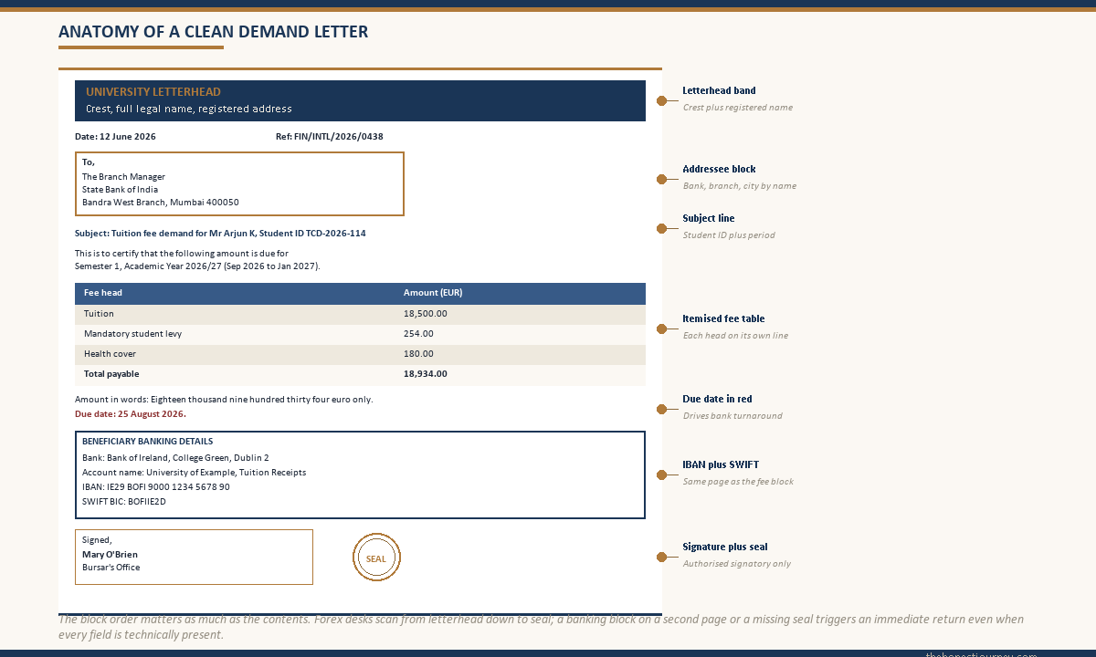 Anatomy of an education-loan demand letter showing a synthesised university letter on the left with callouts on the right pointing to letterhead, addressee block, subject line, itemised fee table, due date, IBAN and SWIFT banking block, and signature with seal
