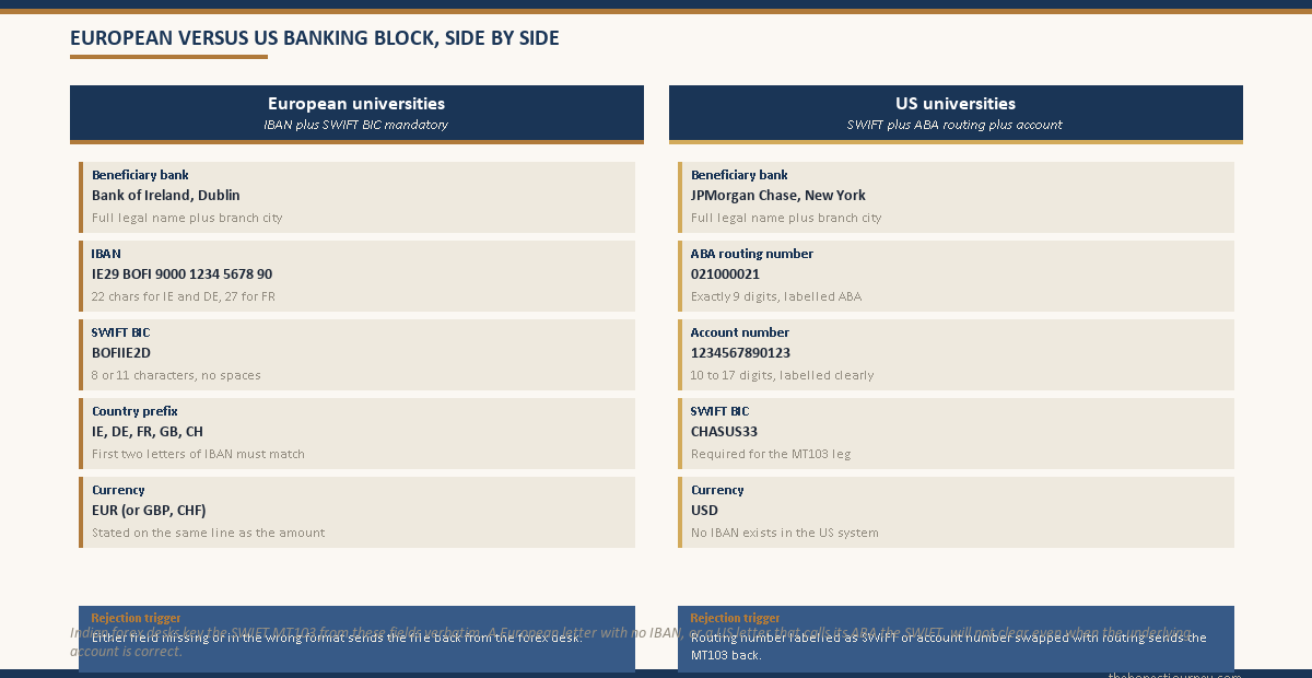 Side by side comparison of the banking block on a European education-loan demand letter (IBAN plus SWIFT BIC with country-code prefix) versus a US demand letter (SWIFT plus ABA routing number plus account number)
