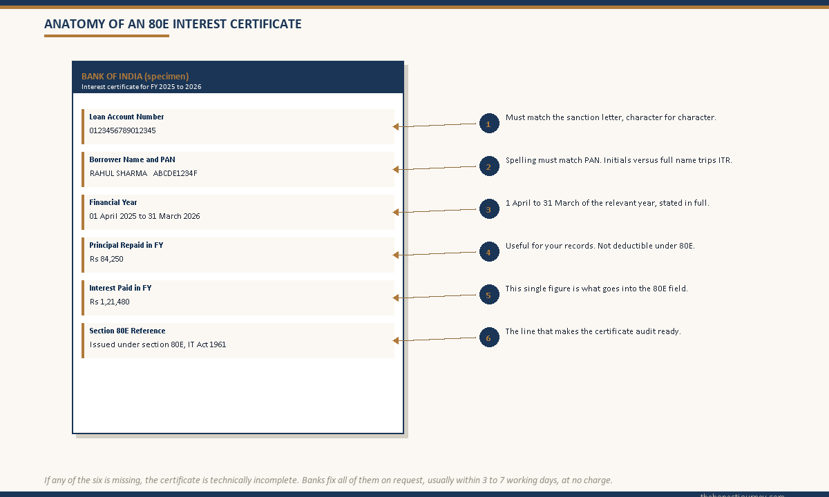 Labelled diagram of a sample education loan interest certificate with the six required fields (loan account number, borrower name and PAN, financial year, principal repaid, interest paid, section 80E reference line) called out by numbered annotations