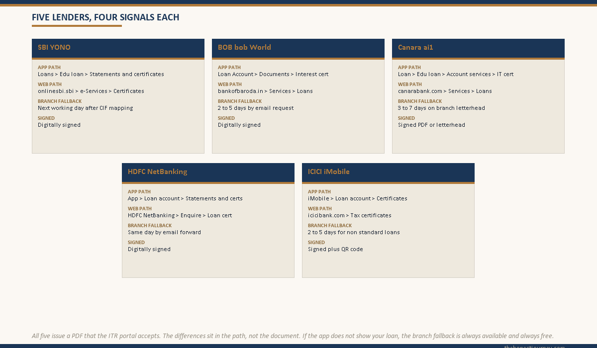 Comparison card grid of five Indian lenders (SBI YONO, BOB bob World, Canara ai1, HDFC NetBanking, ICICI iMobile) showing app path, web path, branch fallback turnaround, and whether the certificate is digitally signed
