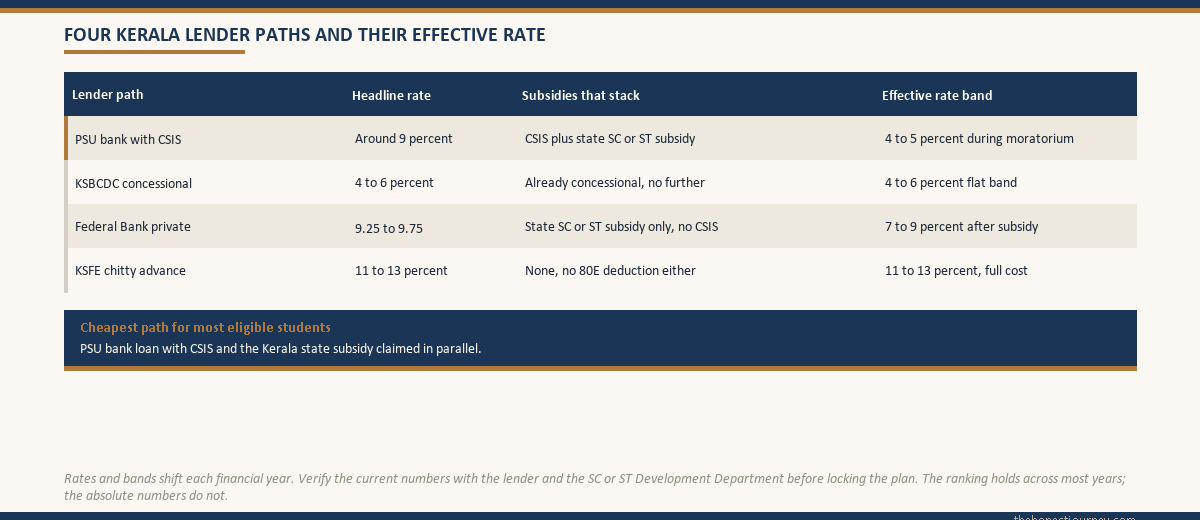 Four-row Kerala lender comparison table covering PSU bank with CSIS, KSBCDC concessional loan, Federal Bank private loan, and KSFE chitty advance, with headline rate, stackable subsidies, and effective rate band after subsidies for each path, plus a verdict ribbon naming the PSU bank with CSIS as the cheapest path for most eligible students
