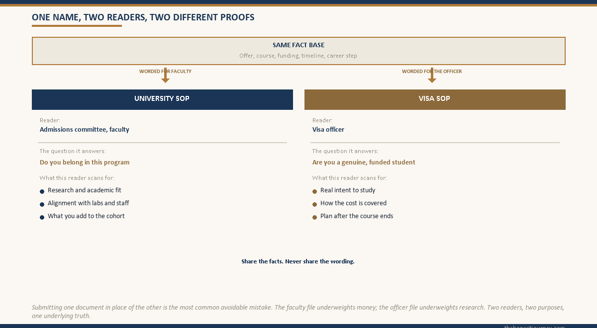 Split-panel diagram contrasting a university SOP (reader: admissions committee, focus on academic fit) against a visa SOP (reader: visa officer, focus on genuine intent and funding), with arrows from one shared fact base pointing to the distinct concern of each reader