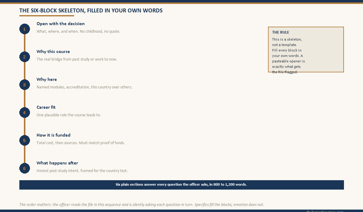 Vertical six-block skeleton of the visa SOP sections (the decision, why this course, why here, career fit, funding, after) shown as a numbered spine with a margin note that each block is filled in the applicant's own words, not a template