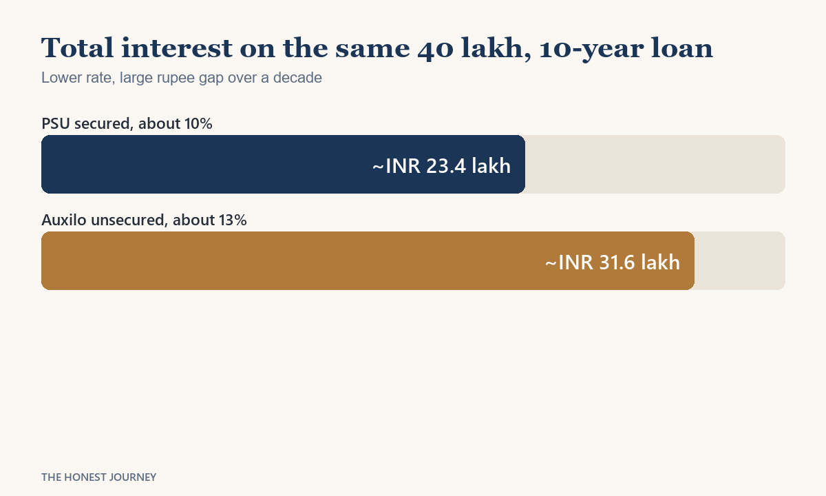 Bar comparison of total interest on the same forty lakh ten year loan, the PSU secured bar at about 23.4 lakh and the Auxilo unsecured bar at about 31.6 lakh