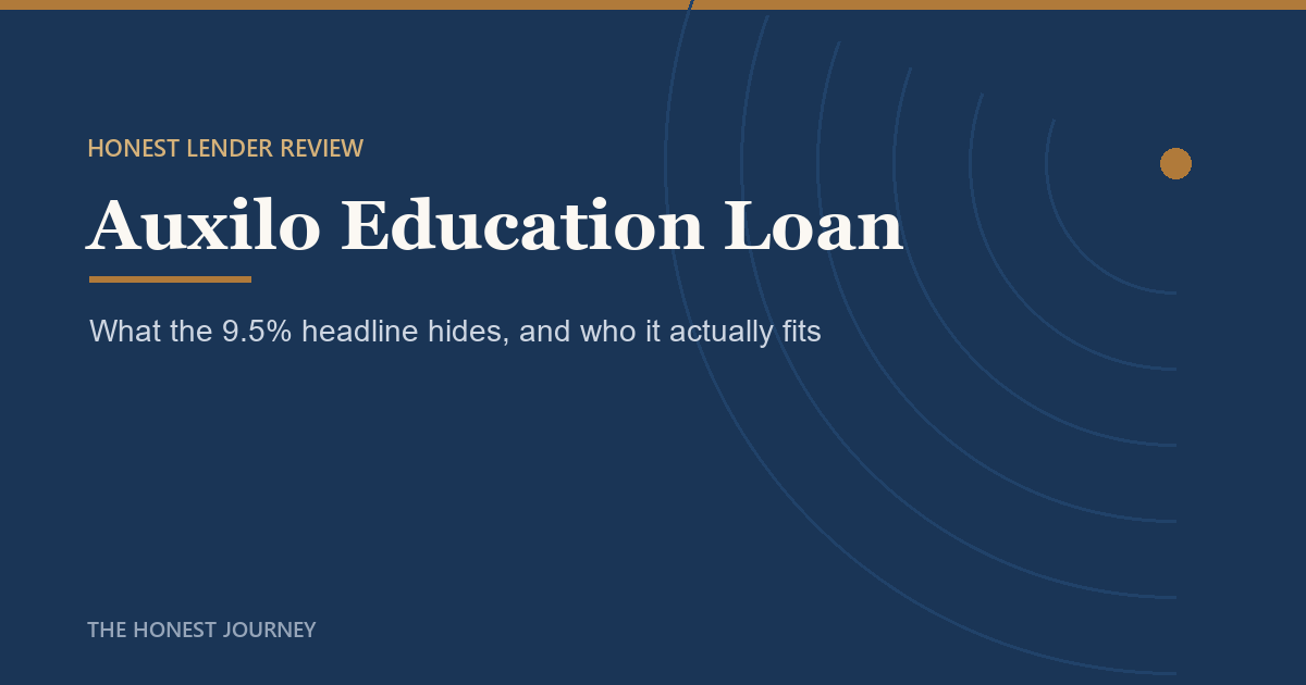Editorial title card reading Auxilo Education Loan, an honest lender review for Indian students