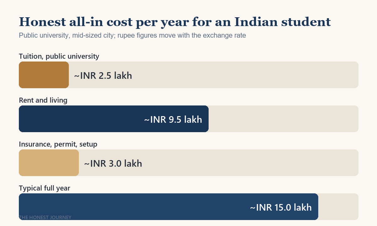 Bar breakdown of the honest all in cost per year of studying in Italy for an Indian student, showing public university tuition, rent and living, insurance permit and setup, and a typical full year total of roughly 12 to 18 lakh rupees