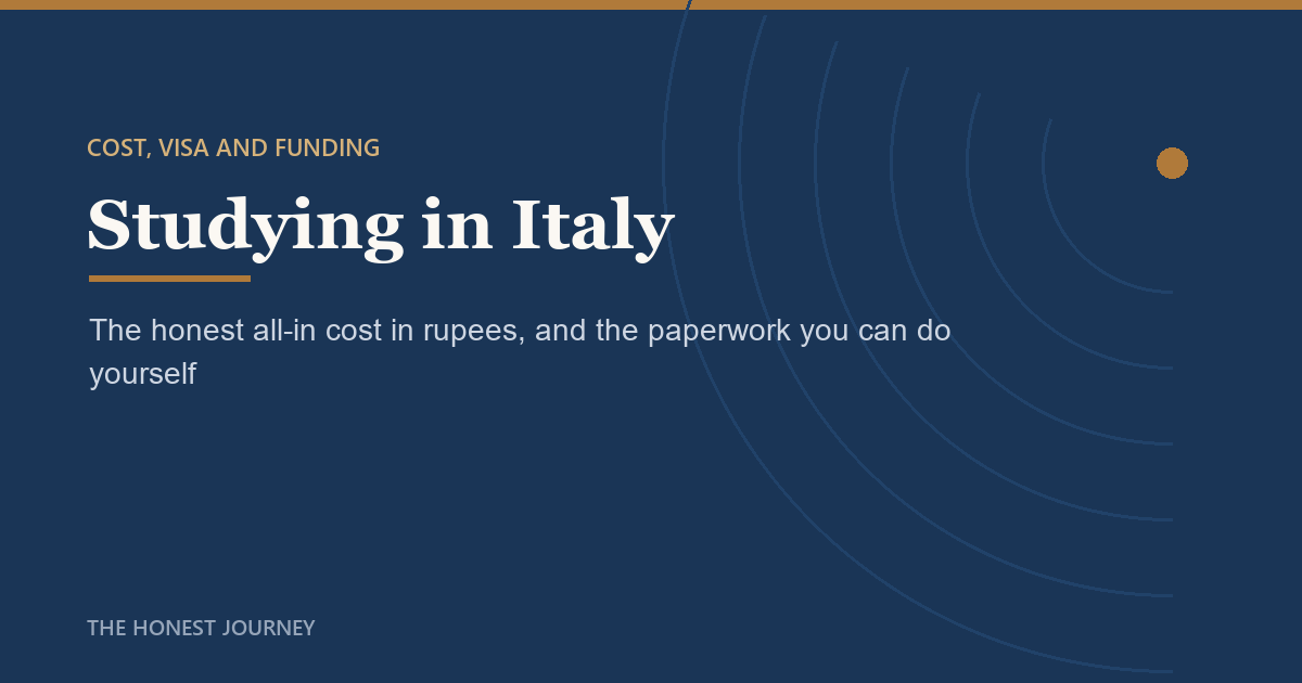 Editorial title card reading Studying in Italy, the honest cost, visa and funding guide for Indian students