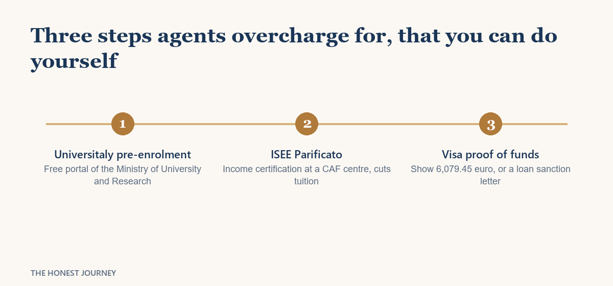 Timeline of the three Italy paperwork steps a student can do themselves, the Universitaly pre enrolment, the ISEE Parificato income certification, and the visa proof of funds of 6,079.45 euro