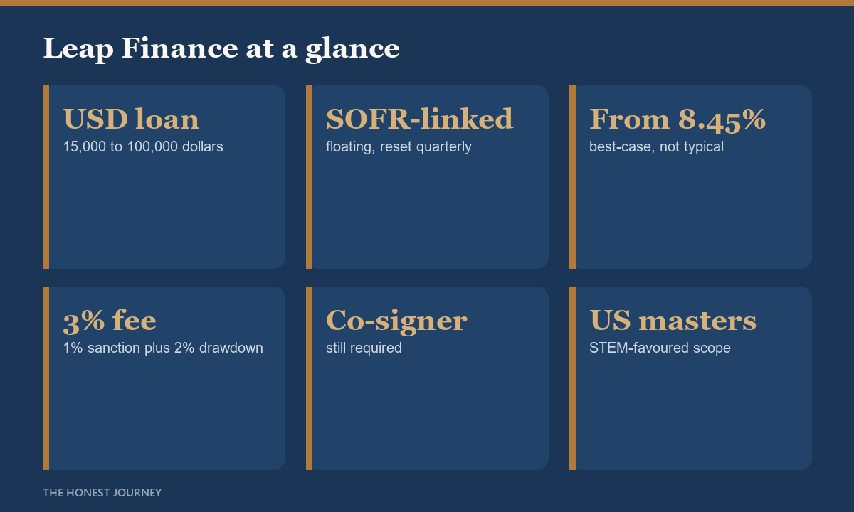 Key facts grid for Leap Finance showing a US dollar loan of 15,000 to 100,000 dollars, a SOFR linked floating rate reset quarterly, a best case rate from 8.45 percent, a 3 percent fee split one percent and two percent, a required co signer and a US masters STEM scope