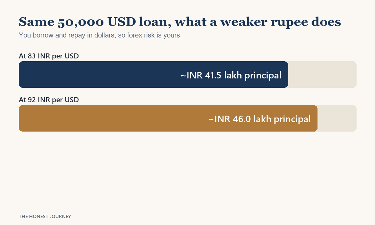 Bar chart showing how a weaker rupee raises the cost of the same fifty thousand dollar Leap Finance loan, comparing the rupee principal at 83 and at 92 rupees per dollar