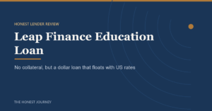 Editorial title card reading Leap Finance Education Loan, an honest lender review for Indian students
