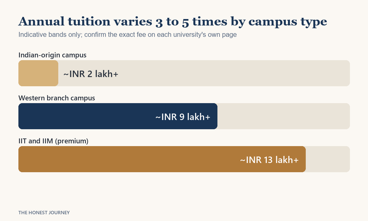 Bar chart showing UAE tuition varies three to five times by campus type, with an Indian origin campus band, a Western branch campus band, and a premium IIT and IIM band