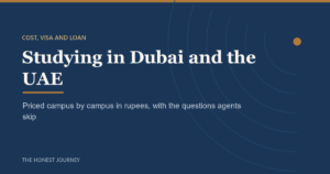 Editorial title card reading Studying in Dubai and the UAE, the honest cost, visa and loan guide for Indian students