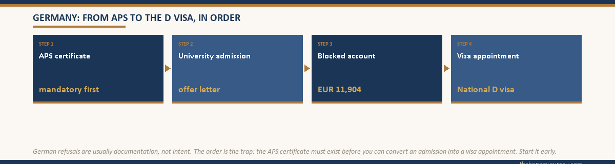 Four-step flow for the German student visa for Indian applicants, obtain the mandatory APS certificate first, secure university admission, open the blocked account of about EUR 11,904, then attend the National D visa appointment, with a note that the APS must come before the visa appointment
