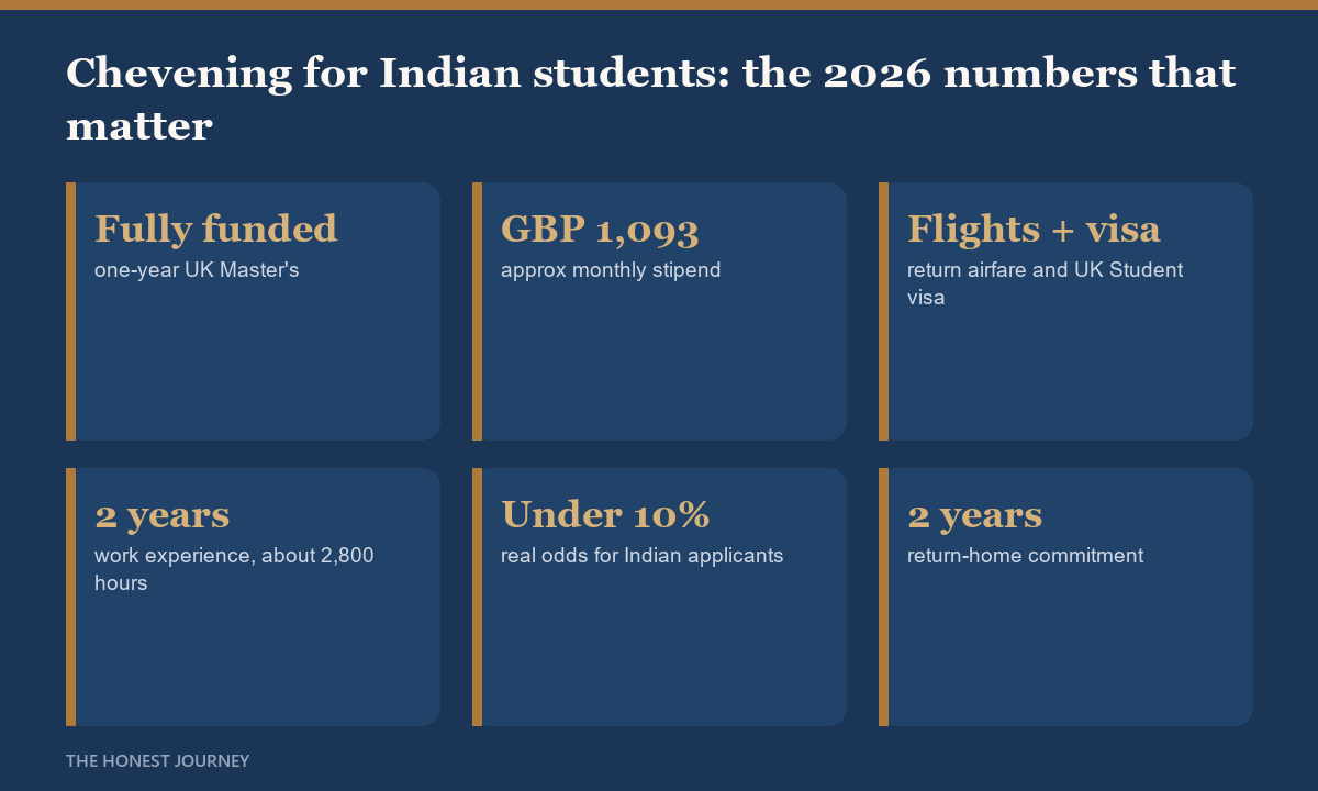 At a glance facts for the Chevening Scholarship 2026 for Indian students: fully funded one-year UK Master's, monthly stipend, return flights and UK visa covered, two years work experience required, and sub 10 percent acceptance odds for Indian applicants.
