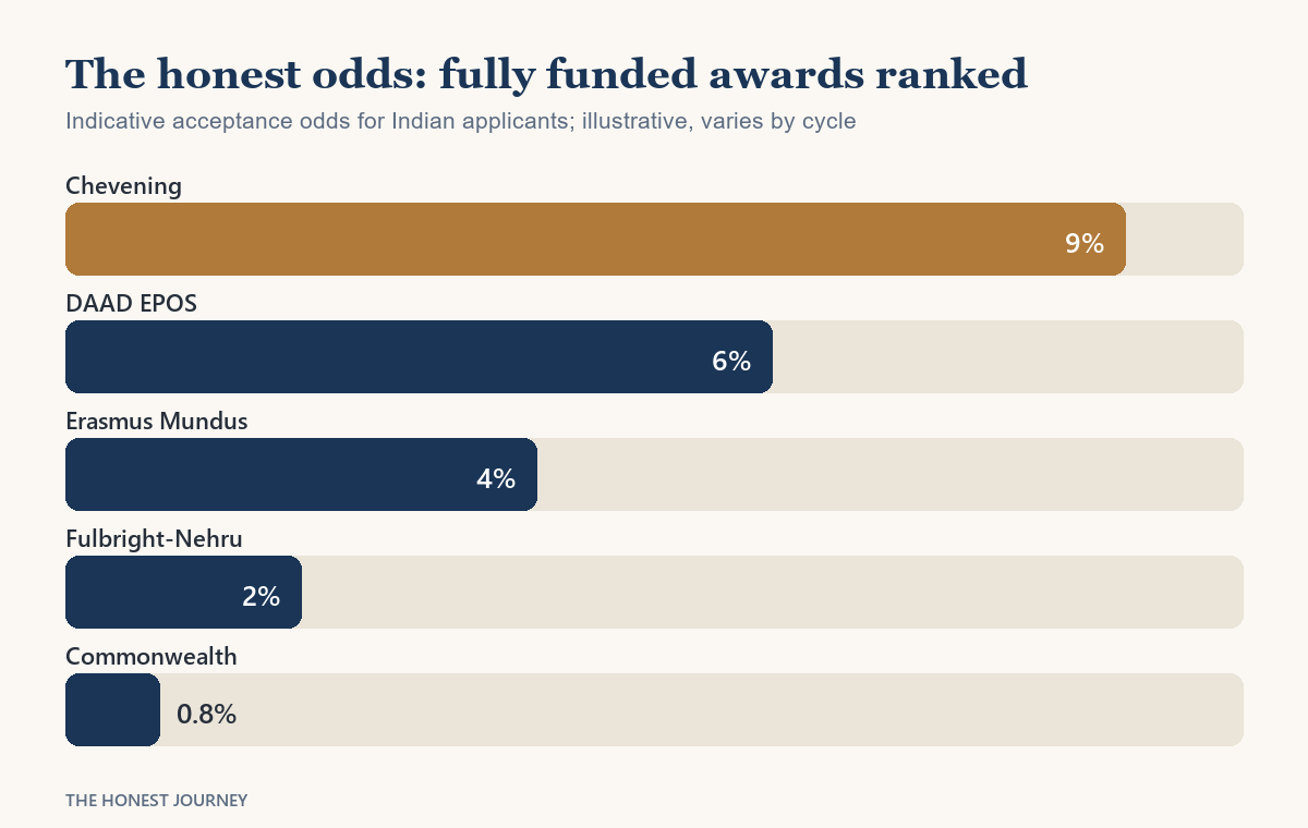 Bar chart showing the honest acceptance odds of major fully funded scholarships for Indian students in 2026: Chevening, Commonwealth, Fulbright-Nehru and DAAD all sit in low single-digit to sub-ten-percent acceptance rates.
