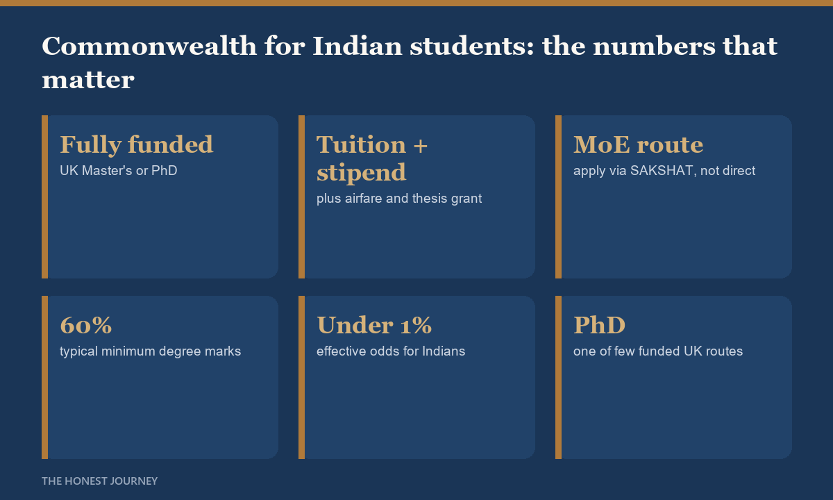 At a glance facts for the Commonwealth Scholarship 2026 for Indian students: fully funded UK Master's or PhD, tuition stipend airfare and thesis grant covered, applied only through the MoE SAKSHAT nomination route, and sub one percent effective odds.