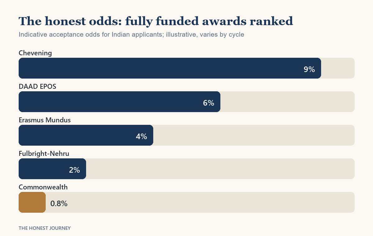 Bar chart ranking the major fully funded scholarships for Indian students in 2026 by realistic acceptance odds, with Commonwealth highlighted as the toughest among Chevening, DAAD, Erasmus Mundus and Fulbright-Nehru.