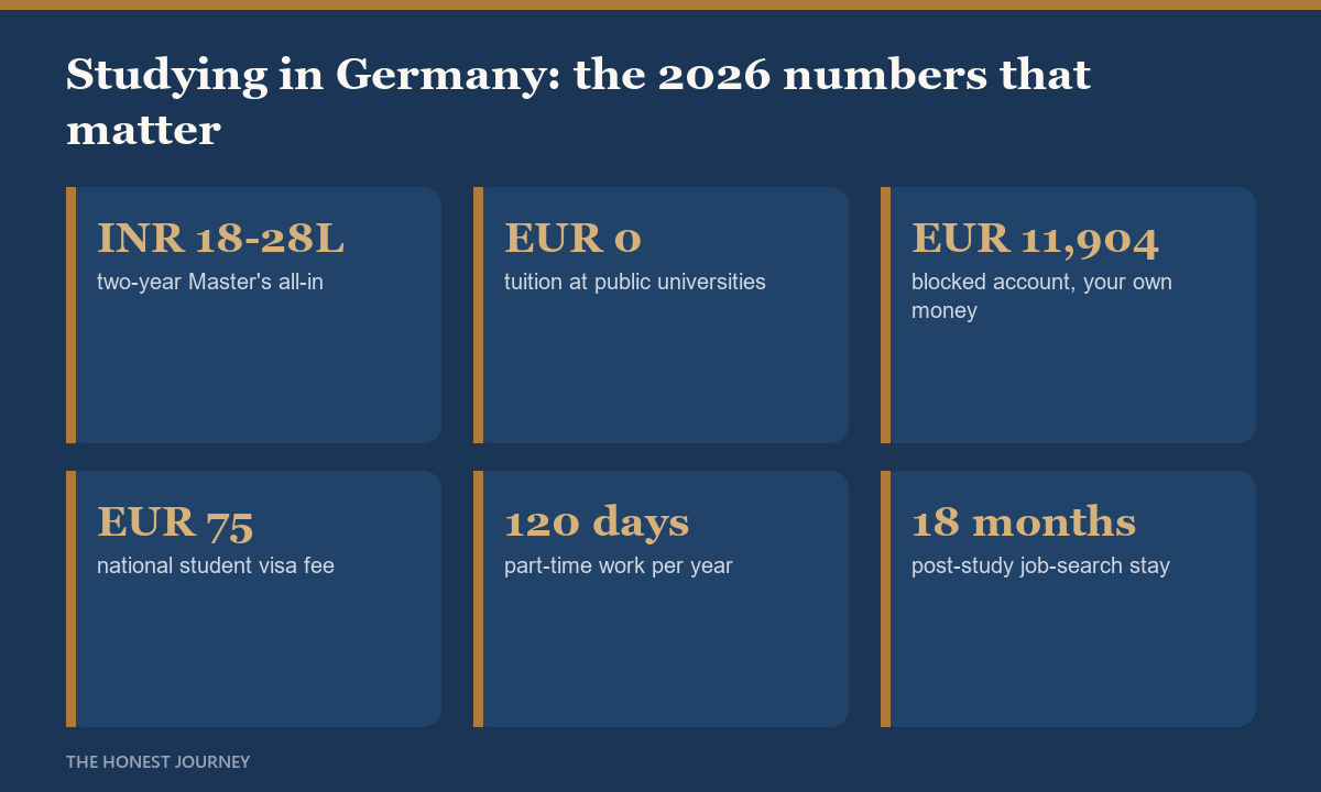 At a glance cost and funding numbers for studying in Germany in 2026 for Indian students: all-in rupee range, tuition, living-funds requirement, visa fee, part-time work rights and post-study stay.