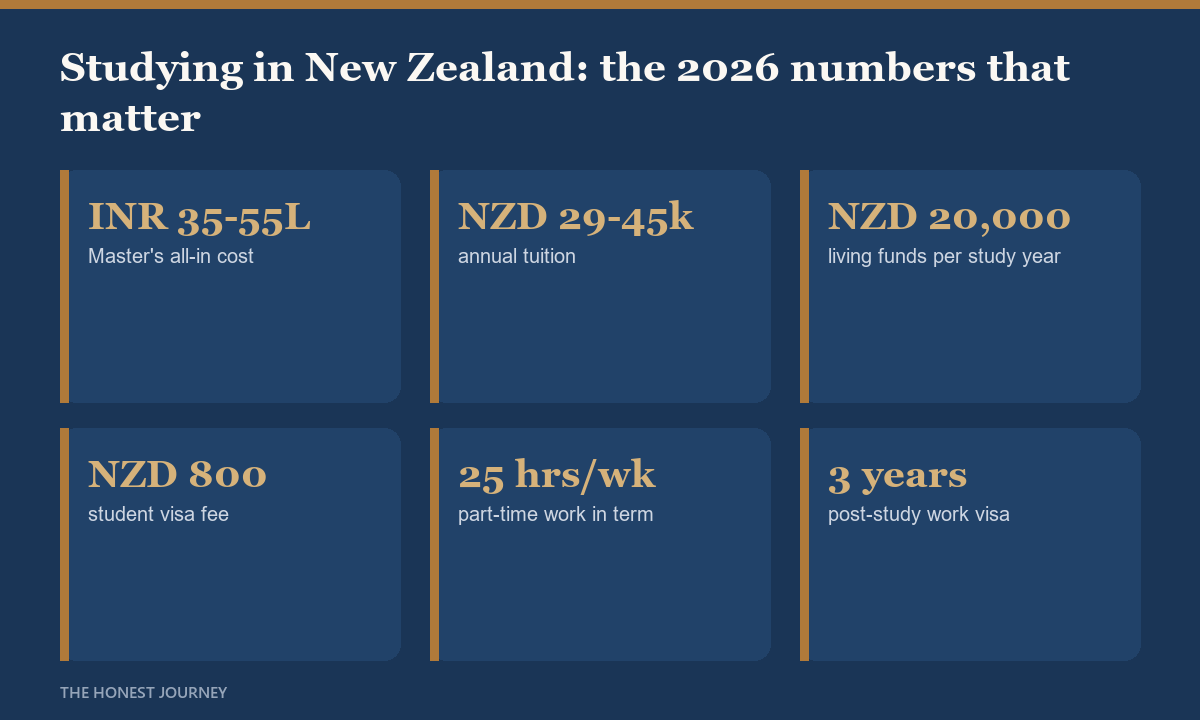 At a glance cost and funding numbers for studying in New Zealand in 2026 for Indian students: all-in rupee range, tuition, living-funds requirement, visa fee, part-time work rights and post-study stay.