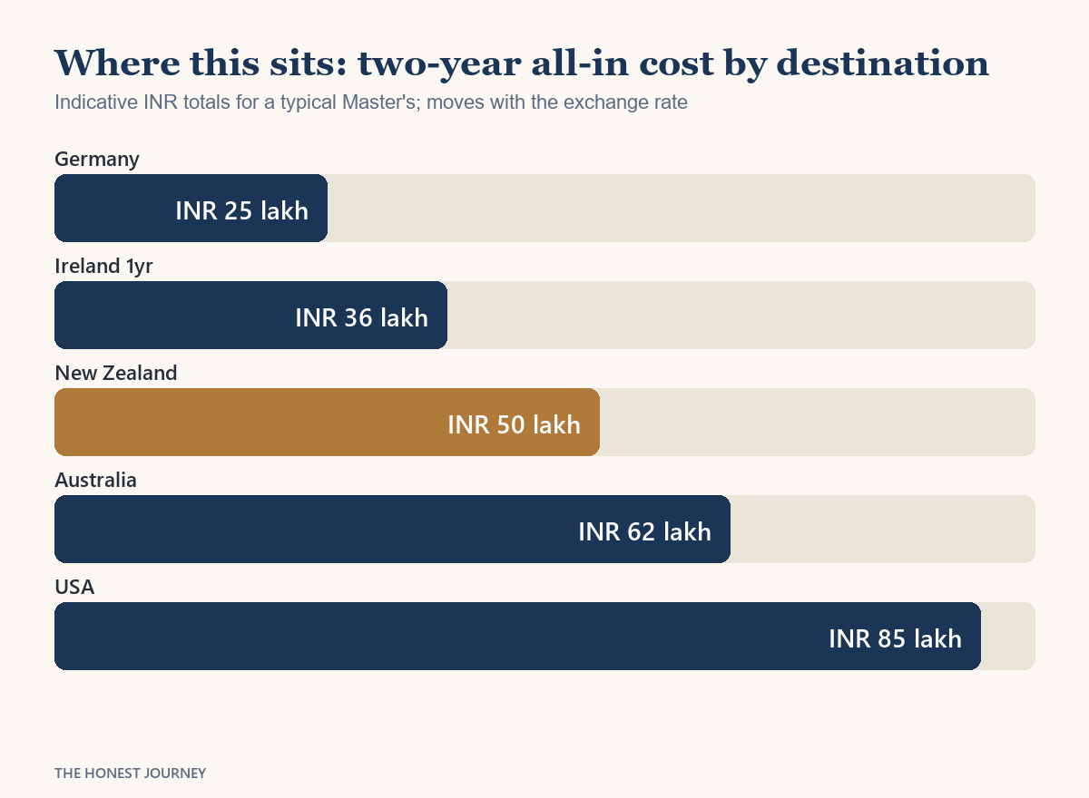 Bar chart comparing the all-in cost of studying in New Zealand against Germany, Ireland, Australia and the USA in rupees for Indian students in 2026.