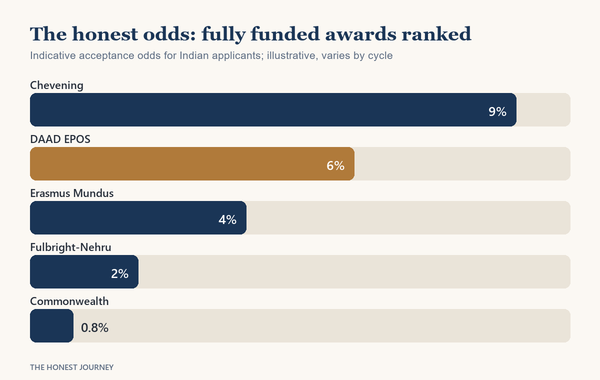 Bar chart ranking the major fully funded scholarships for Indian students in 2026 by realistic acceptance odds, with DAAD highlighted among Chevening, Erasmus Mundus, Fulbright-Nehru and Commonwealth.