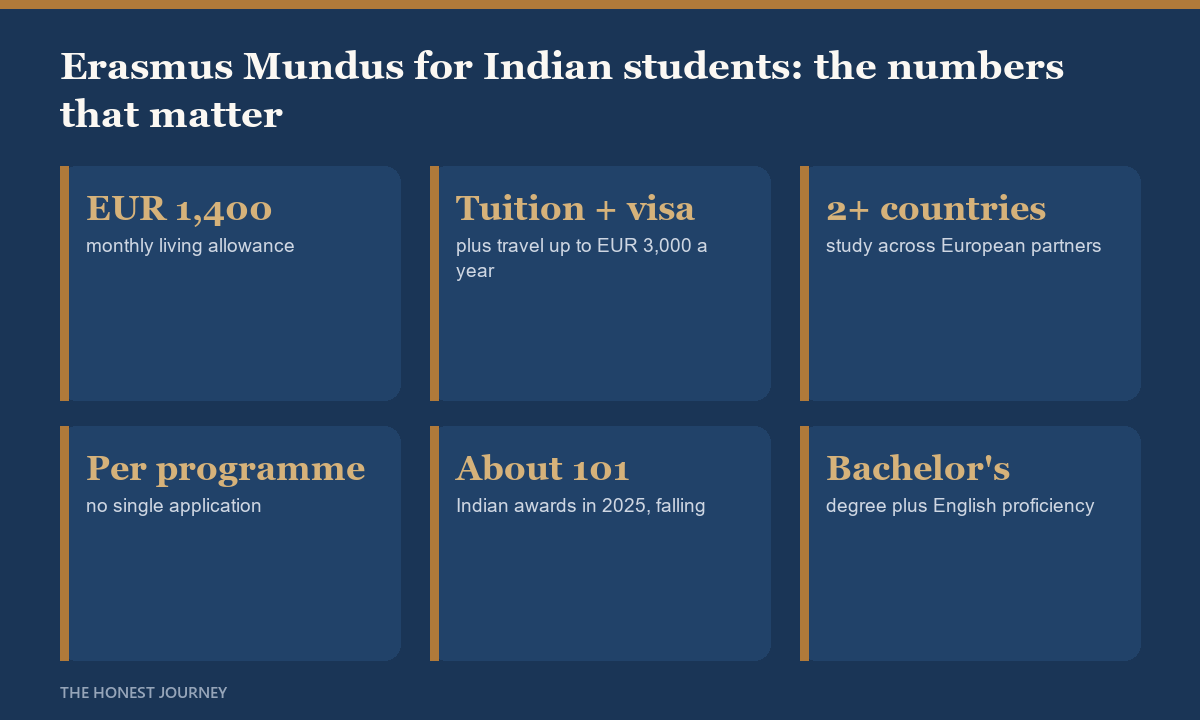 At a glance facts for the Erasmus Mundus Joint Master's scholarship 2026 for Indian students: around 1,400 euros monthly, tuition visa and travel covered, study in two or more European countries, apply per programme, and shrinking Indian award numbers.