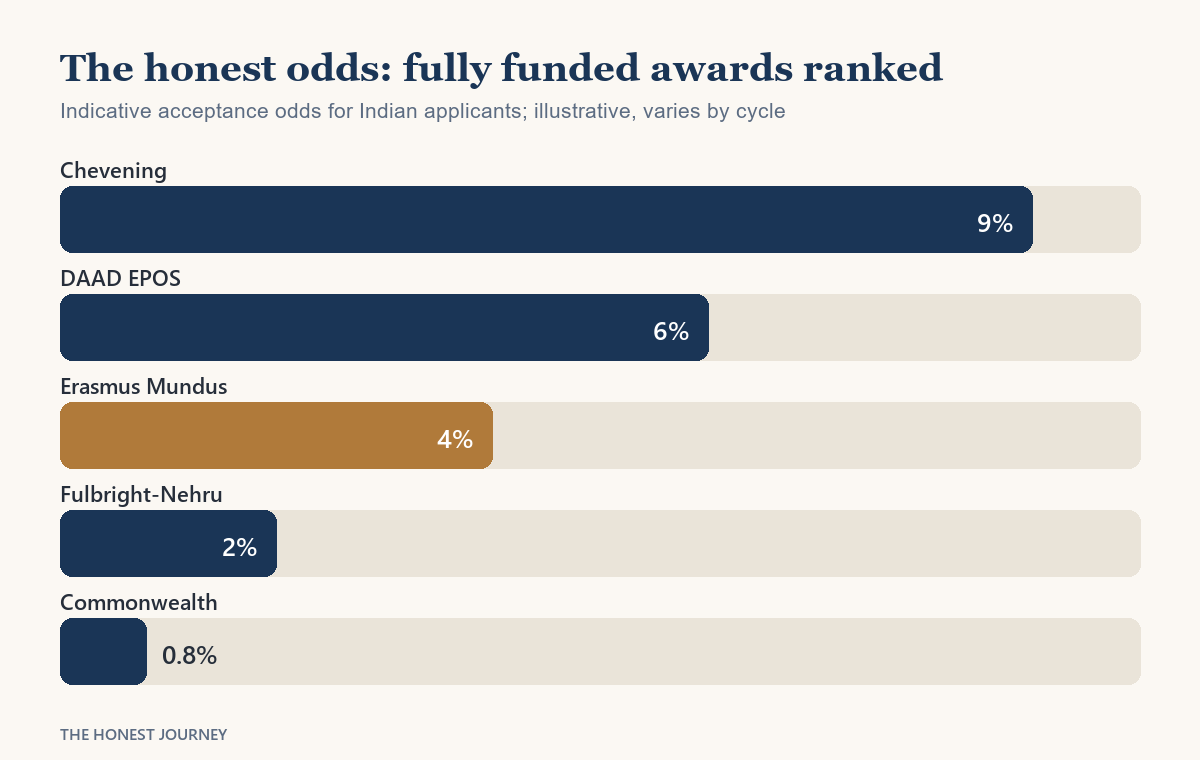 Bar chart ranking the major fully funded scholarships for Indian students in 2026 by realistic acceptance odds, with Erasmus Mundus highlighted among Chevening, DAAD, Fulbright-Nehru and Commonwealth.