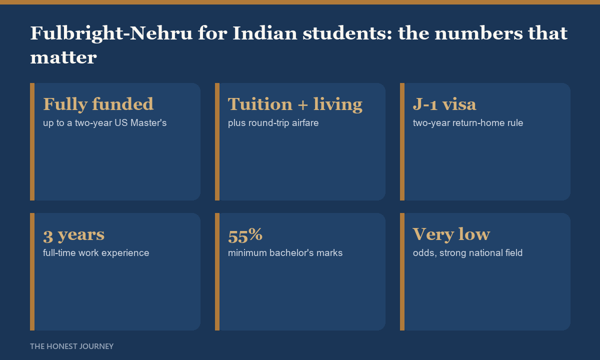 At a glance facts for the Fulbright-Nehru Master's Fellowship 2026 for Indian students: fully funded two-year US Master's, tuition living airfare and insurance covered, J-1 visa support, three years work experience required, and a mandatory return to India.