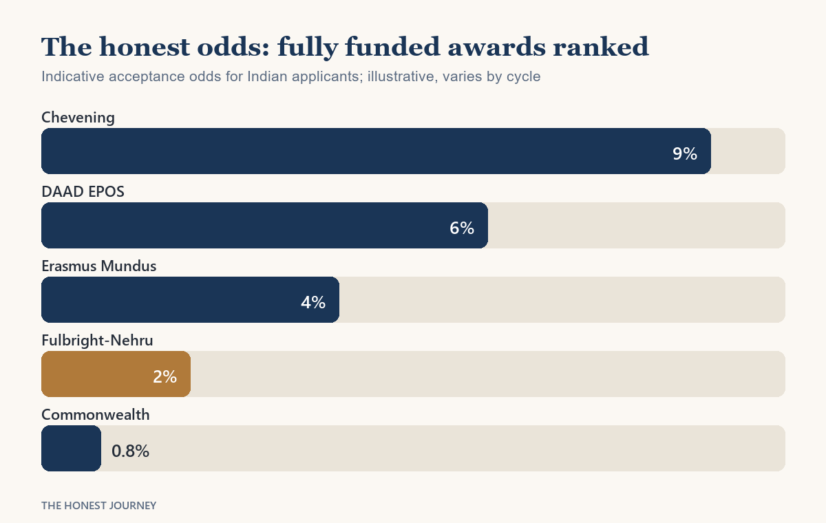 Bar chart ranking the major fully funded scholarships for Indian students in 2026 by realistic acceptance odds, with Fulbright-Nehru highlighted among Chevening, DAAD, Erasmus Mundus and Commonwealth.