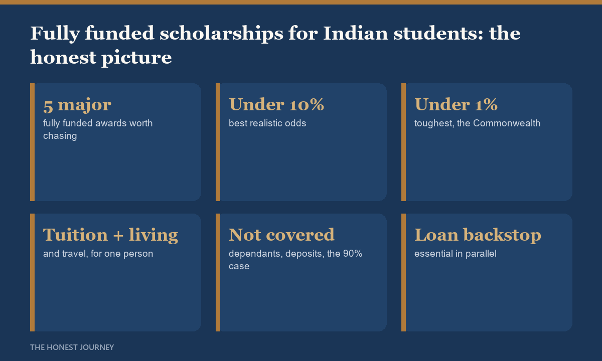 At a glance facts on fully funded scholarships for Indian students in 2026: the major awards cover tuition living and travel, but fewer than one in ten applicants wins one and the top awards sit under one percent, so a loan backstop is essential.