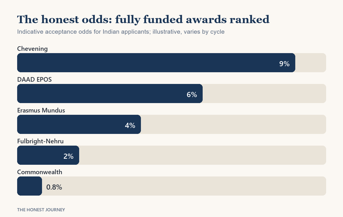 Bar chart ranking the major fully funded scholarships for Indian students in 2026 by realistic acceptance odds: Chevening, DAAD, Erasmus Mundus, Fulbright-Nehru and Commonwealth, all in single-digit or sub-one-percent territory.