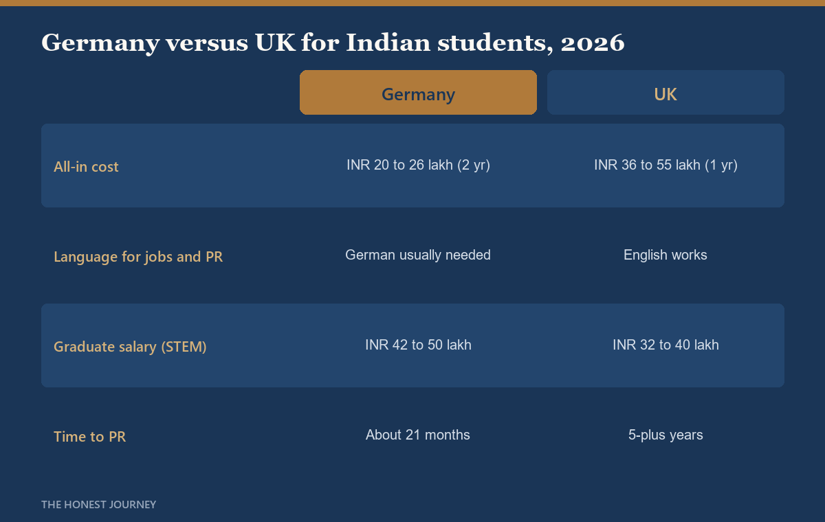 Side-by-side head-to-head comparison matrix card titled Germany versus UK for Indian students 2026, with rows for all-in cost in INR, program length, the language requirement, and the route to permanent residence, showing the Germany value in one column and the UK value in the other.