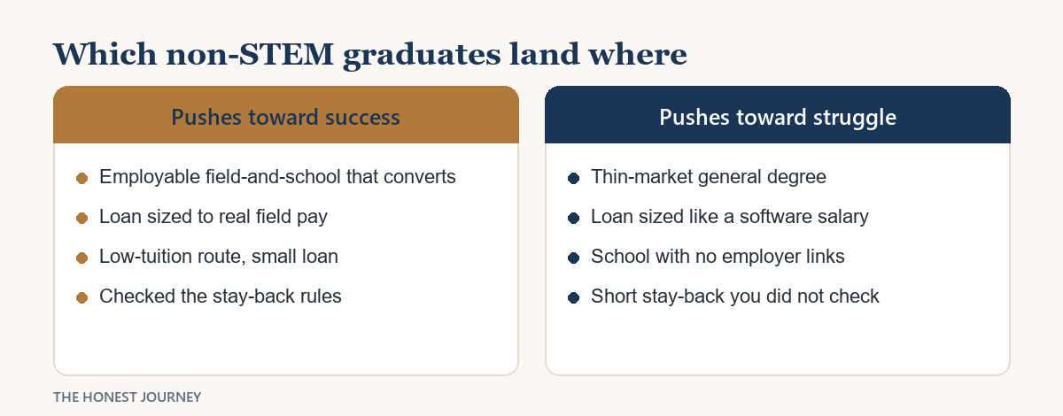 Which traits push non-STEM graduates toward the success outcome and which toward the struggle outcome.